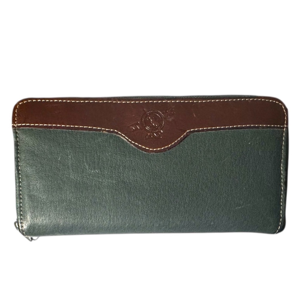 MUNDI Vintage Genuine Leather Green & Brown Zip-Around Wallet
